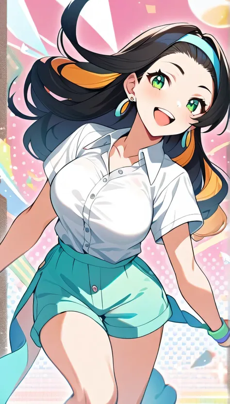 1girl,cute, beautiful,Green Eyes,Blonde hair, short shorts, happy, smileearrings, jewelry, , white shirt, dress shirt,pastel, 8k,perfect anime girl, anime style,Big breasts(d),  character side,The whole face turns red,  in the eyes, Black hair band, 