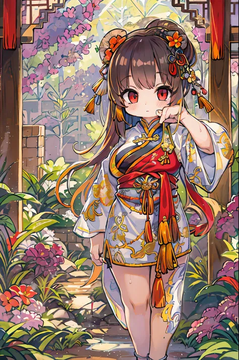  1 girl,Bush, fashionable girl , Chinese dress ,Chinese clothes, hair flower,(  Masterpiece :1.4),( best quality:1.4),(shiny skin), red lips, look at the viewers,Big Breasts,Cleft lip, Chibi