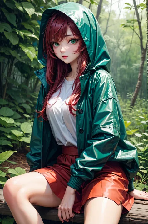 best quality, high detailed, Kazakh girl, green eyes, long red hair, sexy sitting in the forest, wearing raincoat, rainy