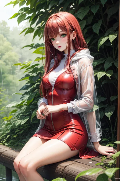 best quality, high detailed, Kazakh girl, green eyes, long red hair, sexy sitting in the forest, wearing raincoat, rainy