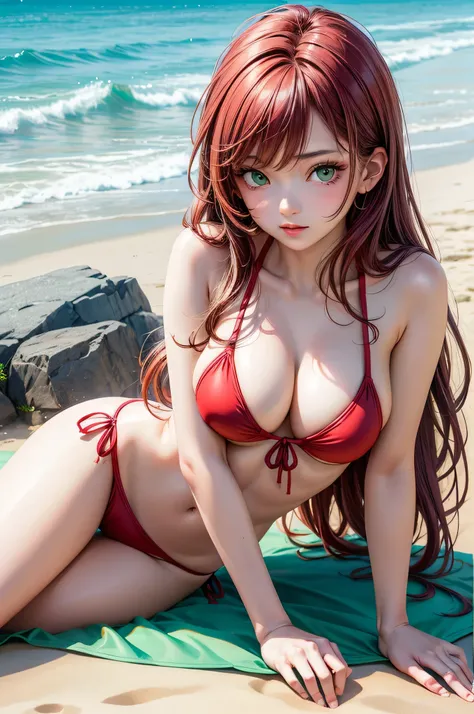 best quality, high detailed, Kazakh girl, green eyes, long red hair, sexy posing on the beach wearing sexy bikini, sunny