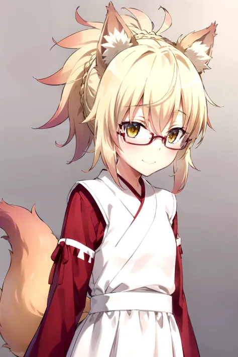 masterpiece , The best quality, 1 girl, feel, blonde hair, short hair, collect, yellow eyes, Fox ears , Japanese clothing , red as well, Monkey, blushing looking at the spectator, upper body, smile, Alone, ( simple background , solid gray backgroun...