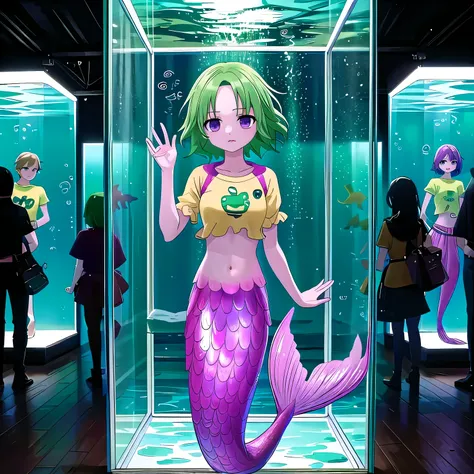 despair,aquarium, short hair, green hair, mermaid, (dark purple eyes:1.1), (parted bangs:1.5), (forehead:1.2),crop top, raglan s...