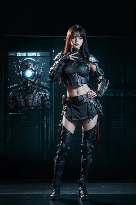 tmasterpiece,Best quality,A high resolution,8k,(Portrait photograph:1.5),(ROriginal photo),real photograph,digital photography,(Combination of cyberpunk and fantasy style),(Female soldier),20-year-old girl,random hair style,By bangs,(Red eyeigchest, access...