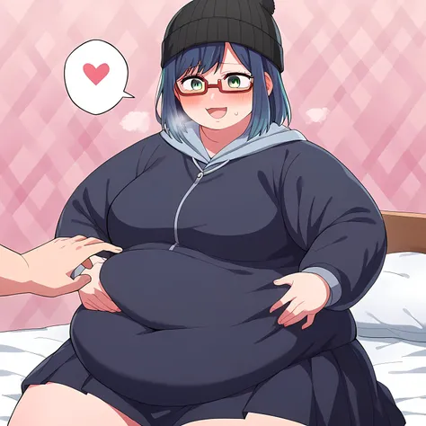 akane kurokawa, bangs, green eyes, blue hair, medium hair, dark blue hair, large breasts, long sleeves, hat, jacket, glasses, hood, black jacket, black headwear, hoodie, hood down, red-framed eyewear, beanie, skirt, looking viewer, smile, pink room, heart ...