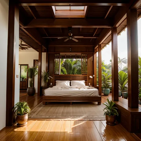 A modern house with a simple open verandah supported by wooden pillars, terracotta flooring, and a few potted plants, inspired by traditional Sri Lankan design, interior bed room