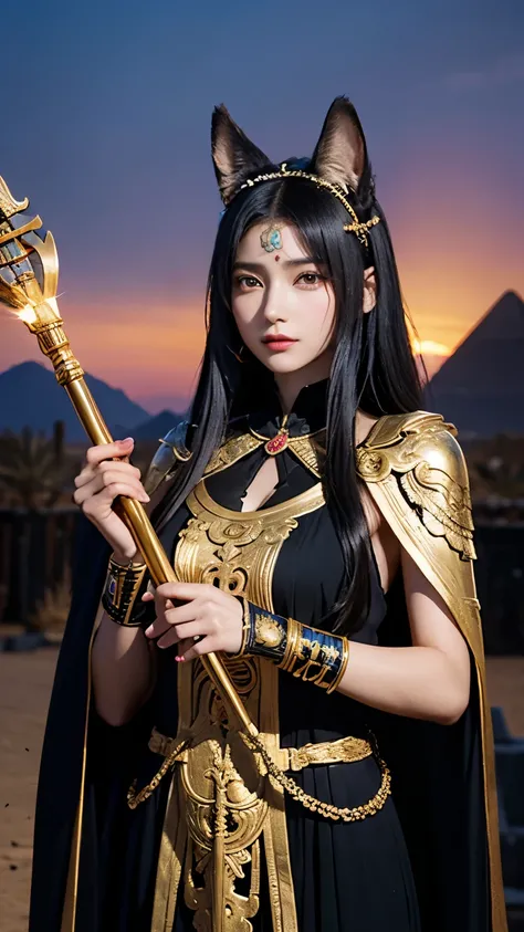 Anubis reimagined as a beautiful anime-style girl. She has sleek black hair with golden streaks, resembling the Egyptian deitys traditional colors. Her outfit is an elegant blend of ancient Egyptian attire and modern design, featuring golden accessories, a...