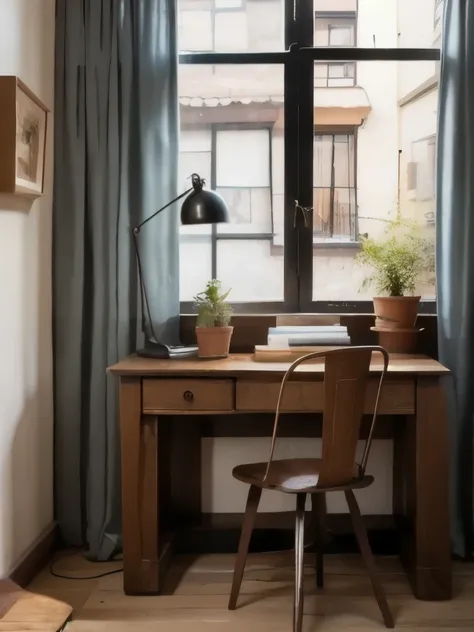  living room, Sofa,  Window , curtain, Dappled Sunshine, Potted plants , table, [cabinet,Bookshelf, paper, Desk lamp, Typewriter,  Representative Works 