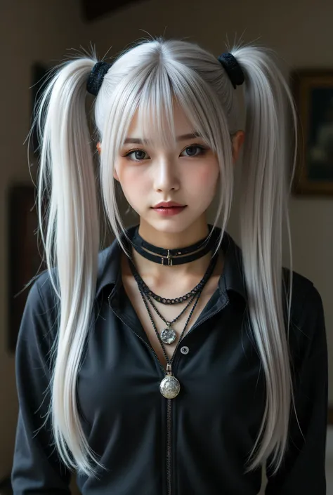 , Colossal,  twin tails,  Silver Hair,  hoodies ,  vintage gothic,  pose, cute,  raise your face,  High Quality ,  Necklaces , ring,  bracelet ,  earrings for a woman alone