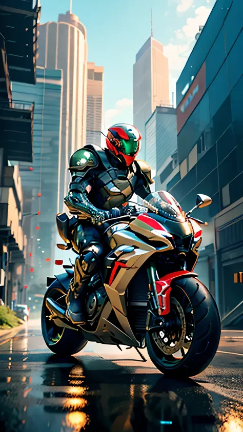 A man wearing a full-face helmet, a fantasy-style biotech armored combat suit, ridding big motorbike, fully enclosed shoulder guards, matching arm and leg guards, the belt is adorned with exhaust pipes, (the color scheme is primarily black glow with green ...