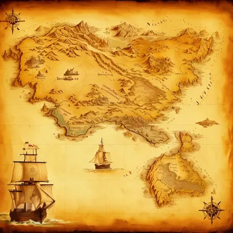 arafed map of a pirate island with a ship in the middle, ancient map, detailed fantasy map, highly detailed map, pirates treasure map, fantasy world map, fantasy map, ancient fantasy regional map, d&d style fantasy map design, mythological map, fantasy map...