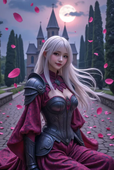   Masterpiece ,  best quality,  1 girl, ( colorful ),( beautiful eyes and elaborate face with attention to detail ),cinematic lighting,Bust, Highly Detailed CG Unity 8K Wallpaper , white hair ,Alone,smile, Intricate Skirts ,((  flying petals)),(Flowery Ran...