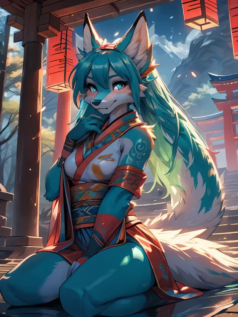 Miku Hatsune x vixen high definition good anatomy add_detail:1, blue fur,kitsune ears, tribal tattoo add_detail:1, cute girl add_detail:1, feudal priestess clothing add_detail:1, japanese shrine landscape add_detail:1, japanese shrine costume add_detail:1,...