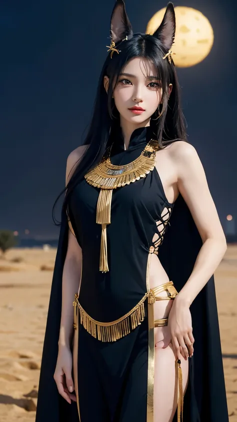 Anubis reimagined as a beautiful anime-style girl. She has sleek black hair with golden streaks, resembling the Egyptian deitys traditional colors. Her outfit is an elegant blend of ancient Egyptian attire and modern design, featuring golden accessories, a...