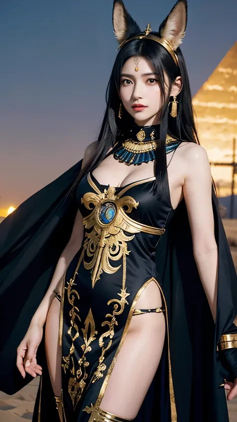 Anubis reimagined as a beautiful anime-style girl. She has sleek black hair with golden streaks, resembling the Egyptian deitys traditional colors. Her outfit is an elegant blend of ancient Egyptian attire and modern design, featuring golden accessories, a...