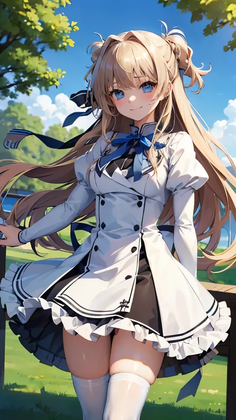   Masterpiece ,  best quality,  high definition ,  1 girl, Alone,  long hair,  blonde hair,  two sides , (  hair bow :1.1),  blue eyes,   neck with ribbon, ,  white jacket, juliet sleeves,  Long Sleeve , White Skirt, thigh ribbon,  black high socks, Outdoo...