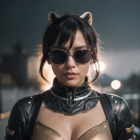  wearing gold frame reflective sunglasses {x} cyberpunk, black, golden and silver silk in the moonlight, big horn, go down the mountain tiger, knelt down on one knee: 6 miniature model ， wear gold frame reflective sunglasses ，
Rouge complexion， very happy ...