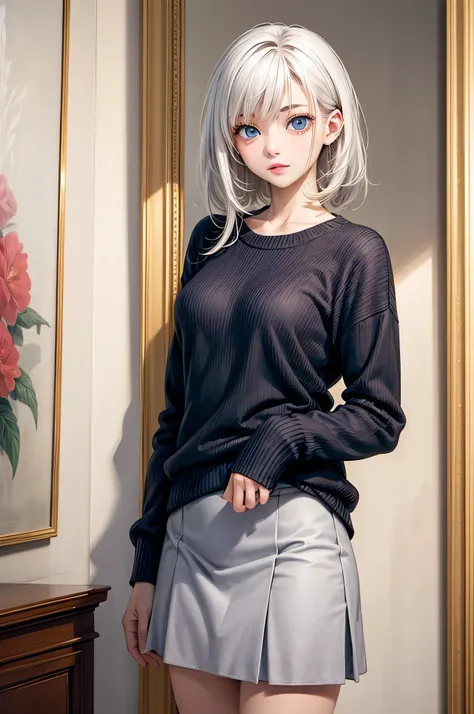 best quality, high detailed, european girl, blue eyes, medium white hair, sexy posing in the art gallery, wearing sweater and skirt