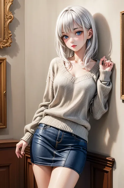 best quality, high detailed, european girl, blue eyes, medium white hair, sexy posing in the art gallery, wearing sweater and skirt