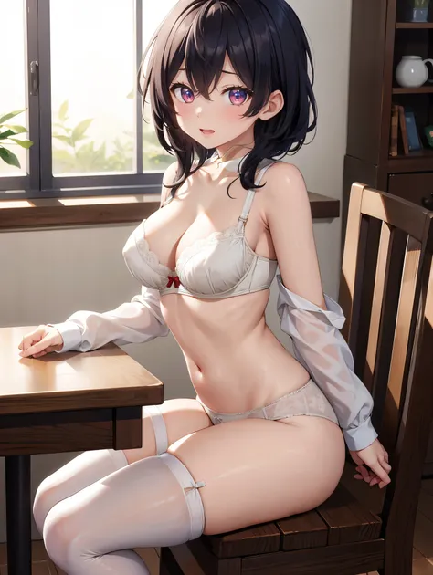 (( best quality)), ( high definition ), (( Very detailed))、(masterpiece)、A high school girl with mature disheveled hair is taking nude photos、Im wearing a cute bra and cute panties、(Im wearing knee-high stockings)、( sitting at the table)、Cute nipple shape、...