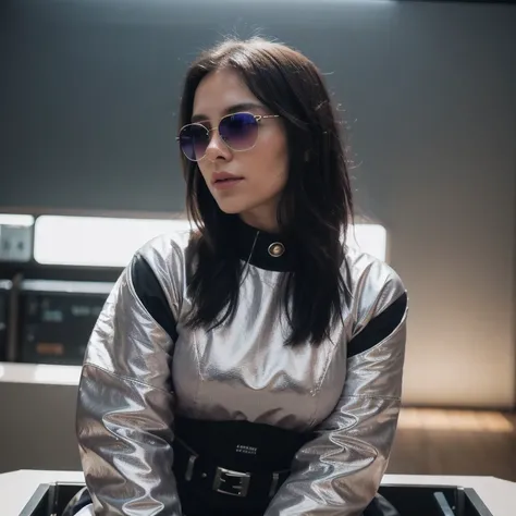  photo of a college student, Purple-Pink Gradient, futuristic space suit, (freckles:0.8) cute face, sci-fi, dystopian, detailed eyes, Heterochromia eyes（（Side view））Back Room，wearing gold frame reflective sunglasses {x} cyberpunk, black, golden and silver ...