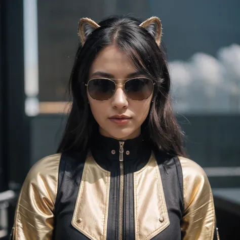  wearing gold frame reflective sunglasses {x} cyberpunk, black, golden and silver silk in the moonlight, big horn, go down the mountain tiger, knelt down on one knee: 6 miniature model ， wear gold frame reflective sunglasses ，
Rouge complexion， very happy ...