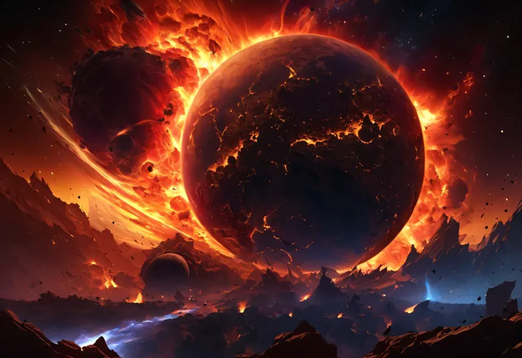 A dramatic and highly detailed depiction of planet Earth exploding in flames, set against the vast darkness of space. The globe is breaking apart, with fiery cracks and molten lava bursting from its surface. Intense flames in shades of red, orange, and yel...