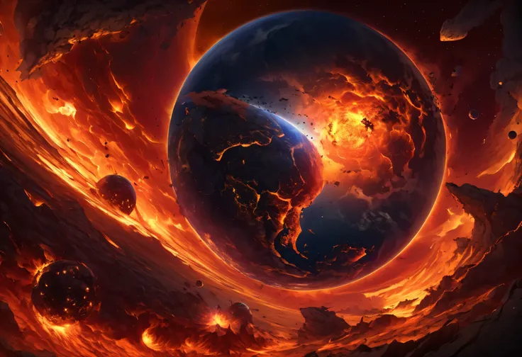 A dramatic and highly detailed depiction of planet Earth exploding in flames, set against the vast darkness of space. The globe is breaking apart, with fiery cracks and molten lava bursting from its surface. Intense flames in shades of red, orange, and yel...