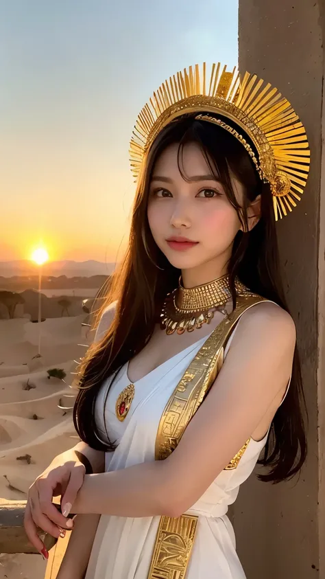 beautiful girl inspired by the Egyptian sun god Ra. She has radiant, golden hair resembling sunlight, adorned with intricate headdress elements including a glowing sun disk and feathers. Her attire is a mix of modern and ancient Egyptian aesthetics, with g...