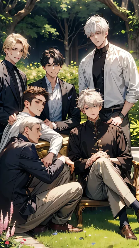  harem.  The six people in the picture , six boys , adult men , Handsome men,  hair of different lengths ,  different hair colors.  pretty face.  are sitting on the grass and looking pleadingly at the viewer.  background: blooming garden.