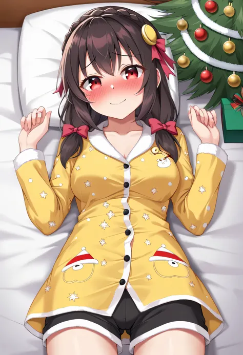 yunyun、masterpiece, best quality,  high definition ,(One person), Yunyun、  crown braid the same color as my hair,  black hair、Red eyes、 hair accessory with an open crotch, (Yellow pajamas)、(Pajamas with black shorts )、 big-breasted 、(blush:1.2)、( Christmas...