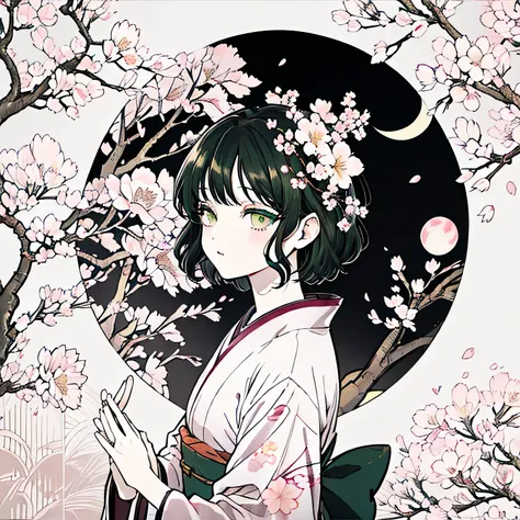 【  best quality , masterpiece】 [ girl, kimono, green eyes,  profile,   wavy short hair , Black Hair,  upper body] (Big full moon,Cherry Blossoms at Night ),   long eyelashes , Alone, fireworks