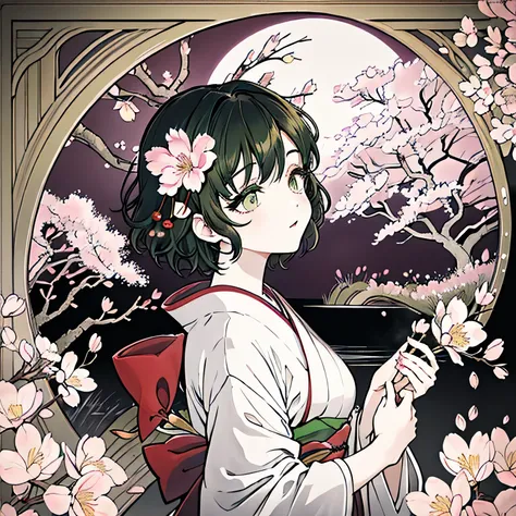 【  best quality , masterpiece】 [ girl, kimono, green eyes,  profile,   wavy short hair , Black Hair,  upper body] (Big full moon,Cherry Blossoms at Night ),   long eyelashes , Alone, fireworks