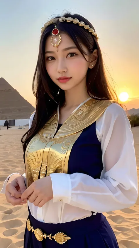 beautiful girl inspired by the Egyptian sun god Ra. She has radiant, golden hair resembling sunlight, adorned with intricate headdress elements including a glowing sun disk and feathers. Her attire is a mix of modern and ancient Egyptian aesthetics, with g...