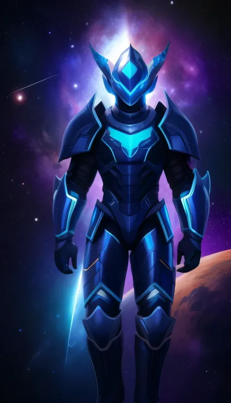 [1] A solitary warrior in midnight-blue armor, full-body pose, male, man, solo, facing a cosmic abyss, eyes reflecting distant galaxies; [2] Armor embedded with constellations, emitting a soft astral glow; [3] Celestial battleground floating in space, cosm...