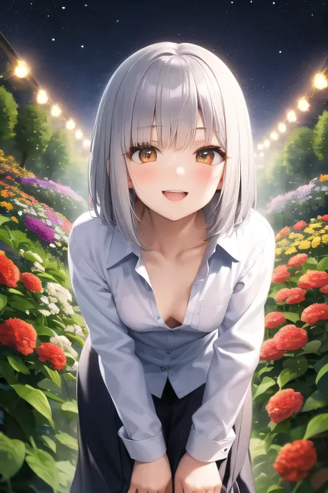 score_9, score_8_up, score_7_up, 1 girl, (solo), short stature, (brown eyes), (looking back at viewer), (silver hair:1.4), (straight hair), (medium bob), (white button-up shirt:1.4), (too large shirt), (long skirt), (adorable:1.1) face, (small breasts:1.6)...