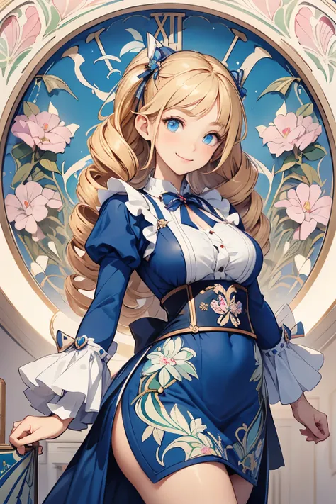   Masterpiece ,   best quality ,  very detailed, 16k,   super high resolution,  cowboy shooting,  Alice in Wonderland, (Art Nouveau:1.5),   girl,  detailed face ,  mischievous smile,  blue eyes,  blonde alone, (Mega Twin Drill:1.3), Ribbon on head,   BLUE ...