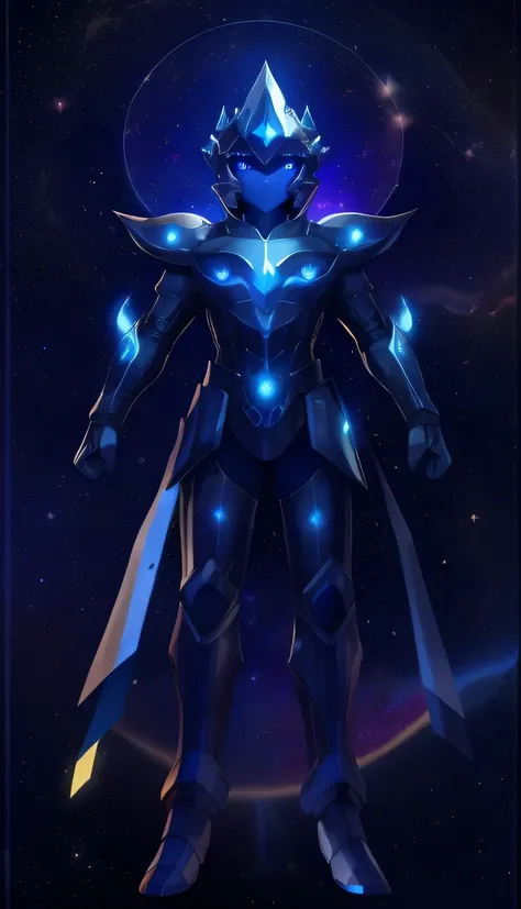 [1] A solitary warrior in midnight-blue armor, full-body pose, male, man, solo, facing a cosmic abyss, eyes reflecting distant galaxies; [2] Armor embedded with constellations, emitting a soft astral glow; [3] Celestial battleground floating in space, cosm...