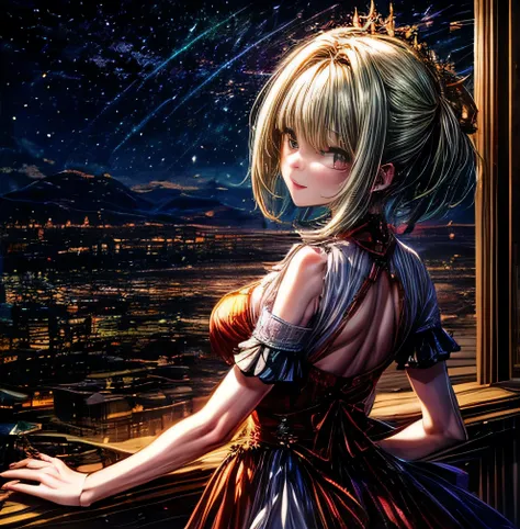 Saga Frontier 　Asellus　 green short hair　Hair tips　Beauty　night　　spiral stage　crimson dress 　　city