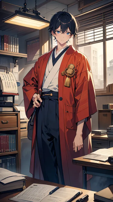 A young journalist from the Taisho era, Kurosaki Shota stands confidently in a cluttered office filled with papers and typewriters. He wears a combination of traditional Japanese clothing—a dark kimono with a Western-style jacket. His intense eyes and furr...