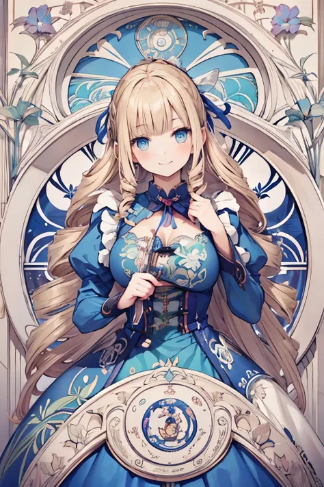   Masterpiece ,   best quality ,  very detailed, 16k,   super high resolution,  cowboy shooting,  Alice in Wonderland, (Art Nouveau:1.5),   girl,  detailed face ,  mischievous smile,  blue eyes,  blonde alone, (Mega Twin Drill:1.3), Ribbon on head,   BLUE ...
