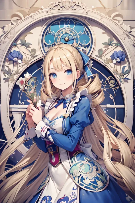   Masterpiece ,   best quality ,  very detailed, 16k,   super high resolution,  cowboy shooting,  Alice in Wonderland, (Art Nouveau:1.5),   girl,  detailed face ,  mischievous smile,  blue eyes,  blonde alone, (Mega Twin Drill:1.3), Ribbon on head,   BLUE ...