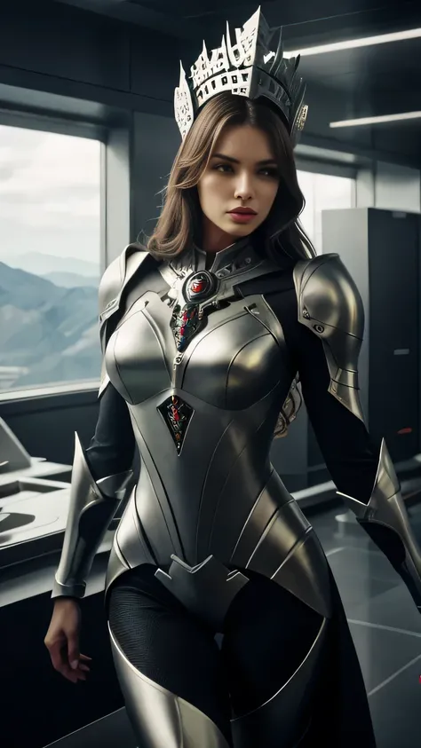 arafed woman in a futuristic suit standing in a room with many metal objects, still frame from prometheus, by Huang Ding, white russian clothes, rendering of beauty pageant, mesh headdress, machine elves, luxury advertisement, shoulders can be seen, cyber ...