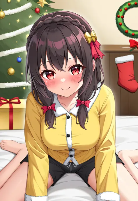 yunyun、masterpiece, best quality,  high definition ,(One person), Yunyun、  crown braid the same color as your hair,  black hair、Red eyes、 hair accessory with an open crotch, (Yellow pajamas)、( black shorts )、 big-breasted 、(blush:1.2)、( Christmas tree:1.2)...