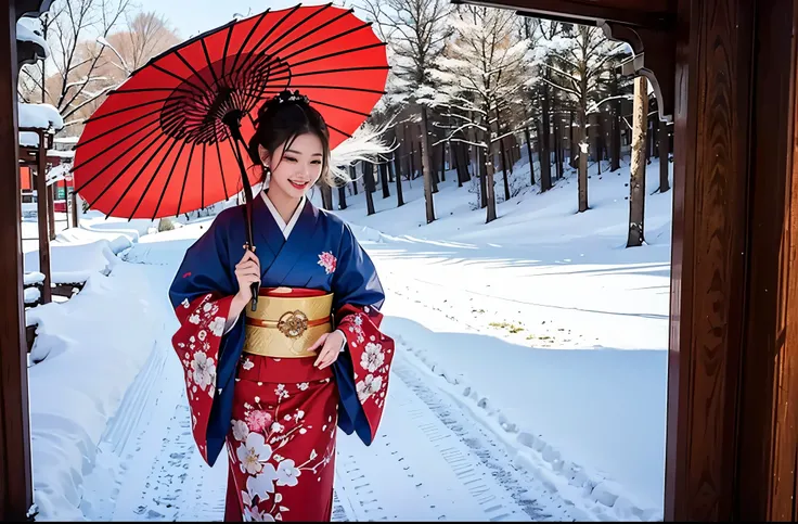  best quality　masterpiece　 Details　A super beautiful woman is walking in the snow with a smile and a red umbrella　 wearing a kimono 　Photo style　Artistic　 imaginary　 fantasy standing in a church