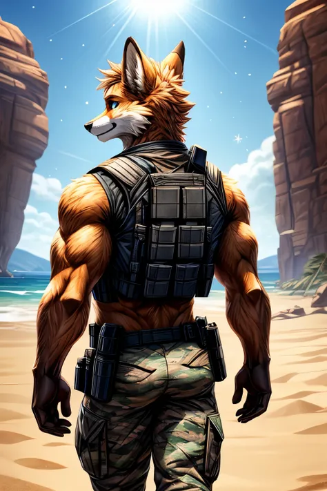 Masterpieces, furry, male, Anthropomorphic, red fox, blue eyes, black mark on muzzle, veiny, thin body, age 20, Delicate eyes, furred body, on a beach, perfect lighting, light particles,(best quality),(masterpiece),(ultra detailed), sharp focus, light part...