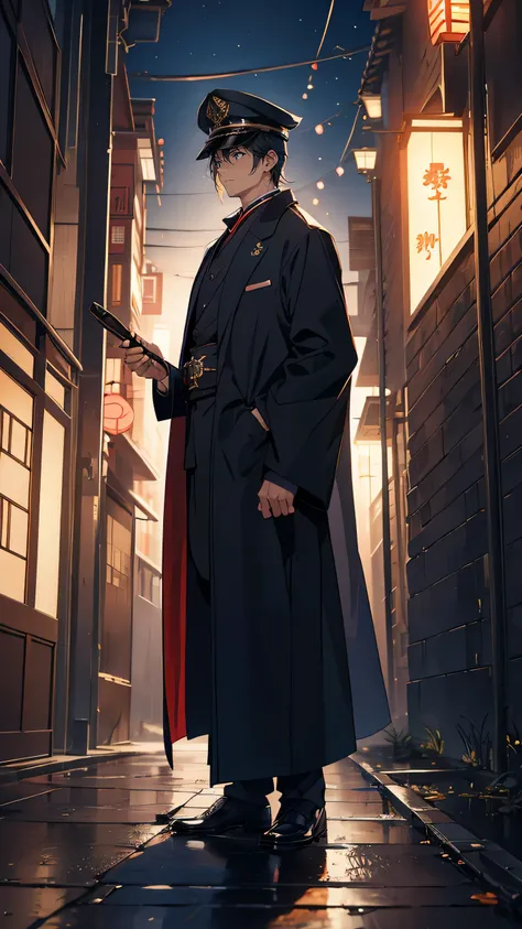  a seasoned detective from the Taisho era, stands tall in a traditional Japanese police uniform. His stoic face is marked with experience, and his sharp eyes are always scanning for clues. He holds a police baton at his side, with a dark overcoat draped ov...