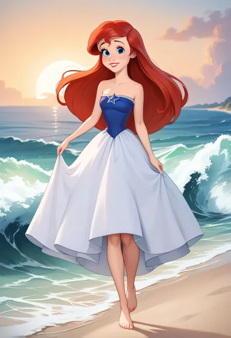 score_9, score_8_up, score_7_up, DisneyAriel, 1girl, red hair, blue eyes, long hair, looking at viewer, on a white strapless off the shoulders ruffle maxi dress, walking barefoot on a sandy beach, waves gently lapping at the shore, vibrant sunrise with pin...