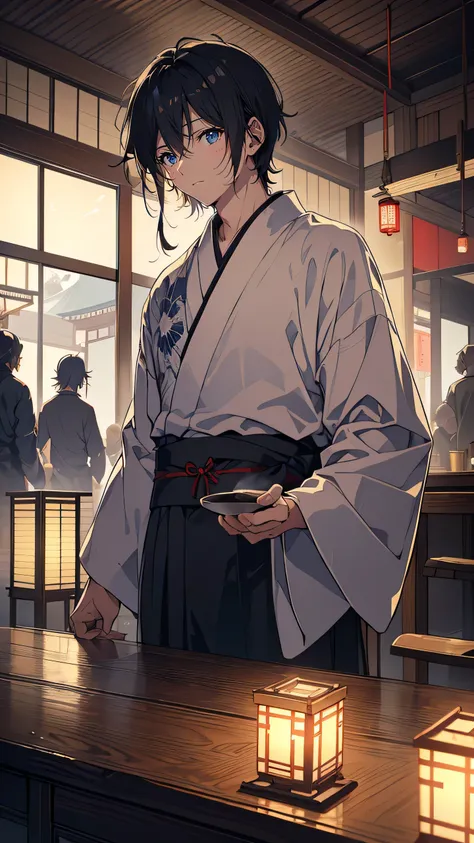  a once-great author now fallen into despair, slouches at a wooden table in a smoke-filled Taisho-era café. His unkempt hair and weary eyes reflect his internal struggle as he absentmindedly stirs a cup of sake. He wears a disheveled kimono, with ink stain...