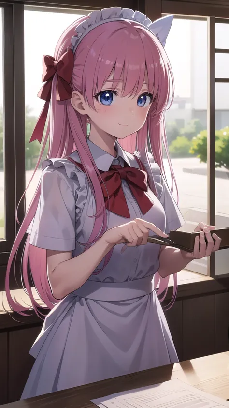 Nodokahara Village,  handed over by Haramura-san,  blue eyes, hair bow,  long hair,  Pink Hair, bow, Laugh at it and laugh at it, Smile, Push and pull
break maid costume
break looking at viewer,
break indoors, classroom,
break (masterpiece:1.2),  best qual...